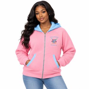 Sweat-shirt décontracté pour femme Gamma Phi Delta Sorority, à capuche zippée, couleur beige contrastant, fermeture éclair intégrale, manches longues, lettres grecques brodées - Product Image 1
