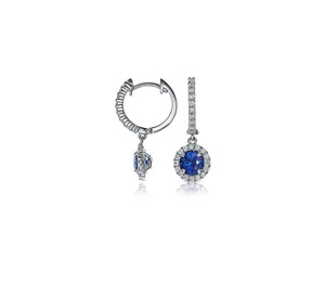 10K <b>Gold</b> Blue Sapphire Halo Diamond (Natural) <b>Dangle</b> <b>Earrings</b> - Product Image 1