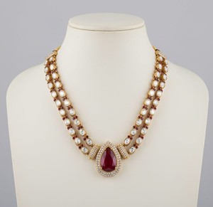 Luxury Ruby Red Teardrop Pendant <b>Necklace</b> Set Gold Plated Kundan Polki Bridal Wedding Jewelry with <b>Matching</b> Earrings for Women - Product Image 1