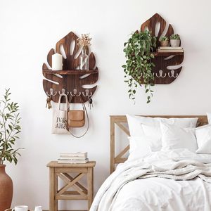 Juego de 2 estantes de pared con forma de hoja de Monstera con soporte para llaves, 15.8 x 12.4 pulgadas, estantes flotantes de madera rústica, decoración de pared tropical estilo boho. - Product Image 5