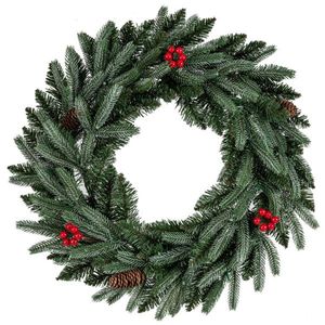 Ghirlanda Natalizia Verde Pre-Illuminata da 60 cm con 20 LED Bianchi Caldi, Pigne e Bacche Rosse, Moderna Ghirlanda in PVC per Interni/Esterni - Product Image 3
