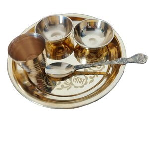 Juego de thali de latón grabado, platos pequeños, cuencos, cuchara, vaso, para rituales de culto hindú en templos, compacto, decorativo, tradicional, elegante - Product Image 4