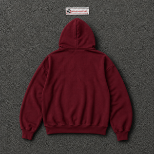 Sudadera con capucha extragrande color granate personalizada para hombre, estilo urbano, con estampado gráfico blanco, hombros caídos, cremallera completa, ropa informal. - Product Image 6