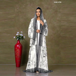 Elegant Chiffon Long <b>Shrug</b> Abaya Style with Printed Motifs, Front Open Flowing Silhouette, Modest Luxury Wear - Product Image 1