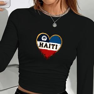 Camiseta de Manga Larga para Mujer con Estampado de Corazón de Haití, Estilo Y2K, Cuello Redondo, Tejido de Punto, Spandex, Poliéster, Top de Moda para Todas las Temporadas - Product Image 6