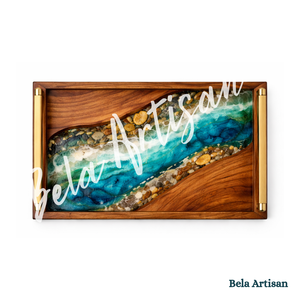 ถาดเสิร์ฟไม้เรซิ่นลายแม่น้ำสุดหรูจาก Bela Artisan พร้อมหูจับโลหะ ทำด้วยมือ สำหรับห้องครัว ห้องอาหาร โรงแรม งานแต่งงาน รอมฎอน ดิวาลี - Product Image 2