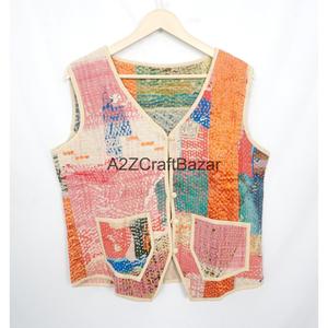 100% Cotton Breathable Printed Logo <b>Kantha</b> Quilted V-neck Waistcoat Women Handmade Unique Spring Summer Autumn Winter Sleeveless - Product Image 5