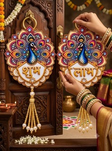 Decoración Artesanal 3D de Pavo Real Shubh Labh en MDF para Colgar en la Pared, Tradicional Decoración India para el Festival Diwali, Mandir Pooja, Hogar y Oficina, Venta al Por Mayor - Product Image 4