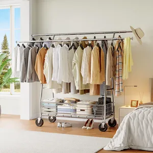 Stainless Steel Clothing Organizer <b>Rack</b> with Telescopic Rails and <b>Storage</b> Basket 42.2-65.4 x 39.4 x 70 Inches Portable Space - Product Image 3