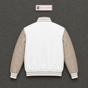 แจ็คเก็ตวาร์ซิตี้ขนสัตว์สีขาวพรีเมียม แขนหนังสีเบจ แจ็คเก็ตเบสบอลแบบ Letterman สั่งทำได้ สำหรับผู้ชายและผู้หญิง ขายส่ง - Product Image 6