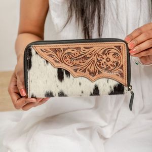 Cowgirl Tooled Leather & Cowhide High Quality Clutch Wallet Handmade Floral Embossed Zipper <b>Pouch</b> For Women Genuine Leather Bag - Product Image 1