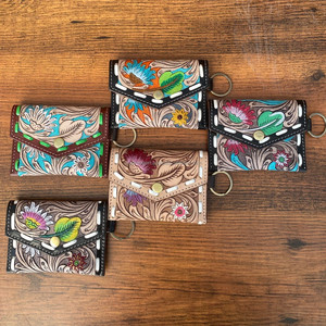 2024 New Design <b>Vintage</b> Hand Tooled Leather Coin Purse with Keyring Full Grain Genuine Cow Leather Floral Coin Wallets for Women - Product Image 4