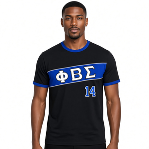 Camiseta de Manga Corta para Hombre, Color Azul Rey Oscuro, Cuello Redondo, con Bordado de Letras Griegas, Número 14, Fraternidad, Universidad, Casual - Product Image 1