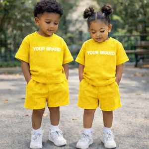 Conjunto de Camiseta y Pantalones Cortos de Algodón Tipo Waffle Extra Grande para Niños, Ropa de Verano para Niños y Niñas, Logotipo Personalizado OEM - Product Image 3