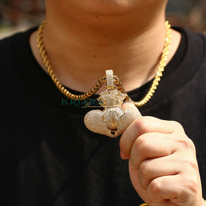 925 Silver Gold Plated Heart Money Bag Pendant With Lab Grown Diamond Inlay Hiphop Charm For <b>Men</b> Everyday Wear - Product Image 5
