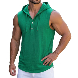 Factory rates Custom <b>Logo</b> Men's Muscle Fit Hooded Tank Top Button Up Henley Sleeveless Shirt Curved Hem Summer Fitness Tank Tops - Product Image 4