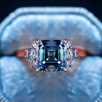 Anillo de Plata de Ley 925 Chapado en Oro Rosa con Moissanita Azul Corte Asscher, Joyería Clásica Elegante de Lujo para Compromiso, Boda y Novia