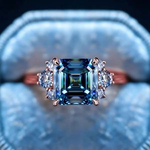 Anillo de Plata de Ley 925 Chapado en Oro Rosa con Moissanita Azul Corte Asscher para Boda, Compromiso, Fiesta, Joyería de Lujo - Product Image 3