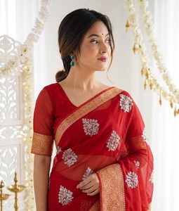 <b>Red</b> <b>Silk</b> Saree With Gold Border And Floral Embroidery For Wedding Occasion Women Traditional Indian Wear - Product Image 2