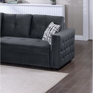 Divano Sezionale 2 Pezzi in Velluto Nero con Letto Estraibile, Chaise Longue Contenitore e Dettagli Trapuntati, Reversibile, per Soggiorno - Product Image 5
