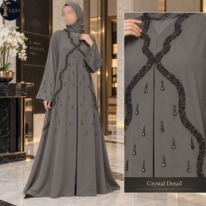 Abaya gris refinada con ribete ondulado negro con cuentas y adornos dispersos |   Vestido Musulmán Modesto de Longitud Completa con Mangas Anchas - Product Image 4