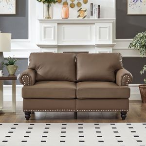 Divano a Due Posti Moderno Classico in Pelle Marrone da 151 cm, Imbottito con Borchie e Finta Pelle Bovina per Soggiorno - Product Image 2