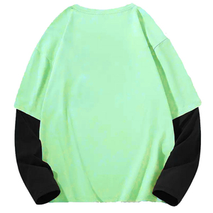 Camiseta de manga larga oversize para hombre con bloques de color, cuello redondo, diseño casual de algodón liso, ribete en contraste, ajuste ceñido y doble manga. - Product Image 3