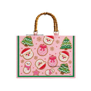 Custom Pink Embroidered <b>Christmas</b> Tote <b>Bag</b> with Bamboo Handles Winter Shopping <b>Bag</b> Fashionable Holiday Party & Event tote <b>bags</b> - Product Image 6