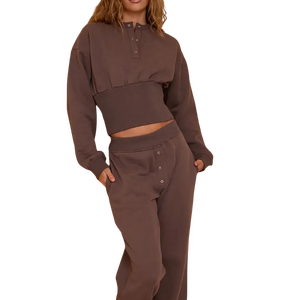 Women's 2 Piece Solid <strong>Brown</strong> Cropped Button Up Sweatshirt And Wide Leg High Waist Sweatpants Set Casual Lounge Athleisure <strong>Outfit</strong> - Product Image 1