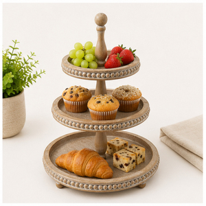Handcrafted Rustic 3-Tier Wooden Serving Tray with Beaded Edges Large Farmhouse Tiered Tray Decor for Coffee <b>Bar</b> Cupcake Stand - Product Image 4