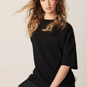 Women's Black <b>Oversized</b> <b>T</b>-<b>Shirt</b> 100% Cotton Three Quarter Sleeve <b>V</b>-<b>neck</b> Drop Shoulder Loose Fit Solid Color Breathable Knitted - Product Image 4
