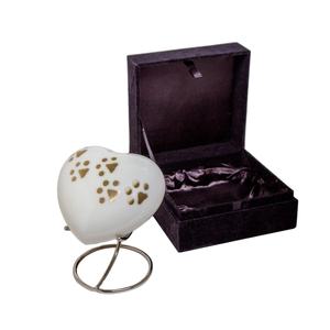โกศใส่เถ้ากระดูกสัตว์เลี้ยงรูปหัวใจสีขาว งานโลหะ ขายส่ง พร้อมแถบลายอุ้งเท้าสีทอง อุปกรณ์งานศพ - Product Image 1