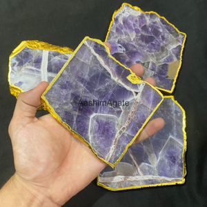 Amethyst Crystal Slice <b>Coaster</b> Polished Irregular Shape <b>Gold</b> Edged Home Decoration Feng Shui Stone Craft - Product Image 3