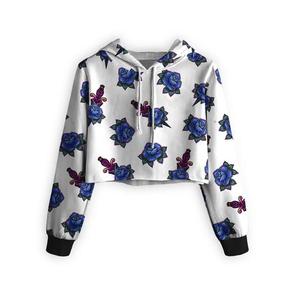 Sudadera Corta con Estampado Floral para Mujer, Blanca con Diseño de Rosas Azules, Tejida, Estilo Urbano Otoñal, Manga Regular, Sin Forro - Product Image 1