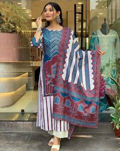 New Designer Cotton Silk Ethnic Wear for Parties Embroidery Work Kurti Pant Set Eco-Friendly Natural Waistline <b>Top</b> Dupatta - Product Image 2