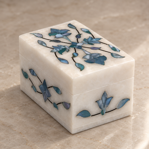 Rectangle Marble Jewelry <b>Box</b> with Blue Floral Inlay Design Lids Modern Thanksgiving Storage - Product Image 1