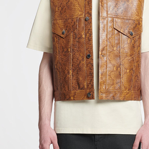 Men's Brown Snake Print Leather Vest <b>Turn</b>-down Collar Single Breasted Pockets Casual Outer Wear Summer Regular Fit - Product Image 3