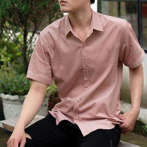 Chemise décontractée formelle à manches courtes pour homme, couleur unie, col rabattu, tissu popeline respirant, idéale pour l'été - Product Image 6