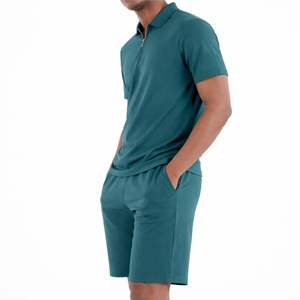 Men's Teal Polo Shirt And Shorts <b>Set</b> Quarter Zip Solid <b>Knitted</b> Breathable Casual Summer Outfit - Product Image 2