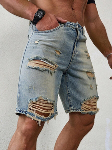 Jeans de Hombre Personalizados, Lavados y Rotos, de Pierna Recta, Estilo Vintage, Desgastados, Pantalones Cortos de Mezclilla de Cintura Alta para Hombre - Product Image 1
