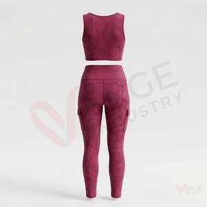 Conjunto de Yoga de 2 Piezas para Mujer, Top Corto con Cuello en V y Fruncido Color Borgoña, Leggings de Cintura Alta - Product Image 2