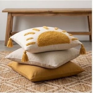 Sun Embroidery <b>Throw</b> Pillow Square Bohemian Style Decorative Cushion with Tassels Yellow and <b>White</b> Cotton Cover For Bulk Supply - Product Image 5