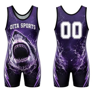 Combinaison de lutte sublimée pour homme, violet et noir, en polyester, pour compétition, entraînement et matchs. - Product Image 1