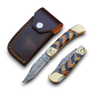Couteau pliant en acier Damas, manche en bois et laiton, lame à pointe clip, couteau de poche EDC utilitaire pour extérieur/camping/chasse, 7,5 pouces, DIY - Product Image 1