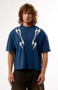 Blue Regular Fit T-Shirt with White Short Sleeve <b>Turtleneck</b> Front Logo Casual Jersey Cotton Breathable Hip Hop Street Style - Product Image 2