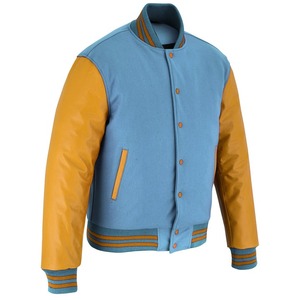 Chaqueta Varsity 2026 OEM Iconic SkyBlue de Lana con Mangas de Cuero Dorado para Hombre, 100% Alta Calidad, MOQ Bajo, Chaqueta de Moda con Calefacción - Product Image 5