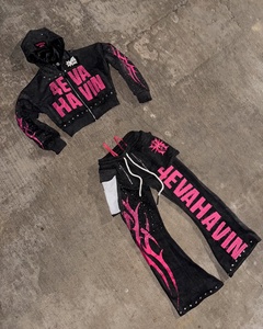 <b>Top</b> Selling Acid Wash Rhinestone Tracksuit Cropped <b>Zip</b> Hoodie and Flare Sweatpants Set Pink Graphic Applique <b>Women</b> - Product Image 1