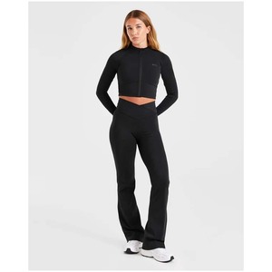 Mock Neck Jumpsuit Womens Thumbholes Front Zipper <b>Bell</b> Bottom Flare Long Sleeve Slim Fit Yoga Gym Custom Jumpsuit For Tall Women - Product Image 5