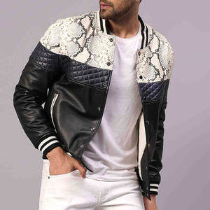 Blouson Bomber Homme en Cuir PU Patchwork Imprimé Serpent Col Montant Manteau Décontracté Noir Gris Blanc Combo Style Fantaisie Doublure Ceinturée - Product Image 4