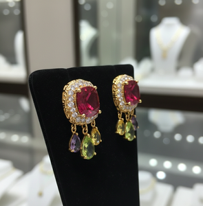 Boucles d'oreilles élégantes en argent sterling 925 plaqué or 18 carats avec zircon cubique rose, faites à la main, pour femme, prix de gros - Product Image 3